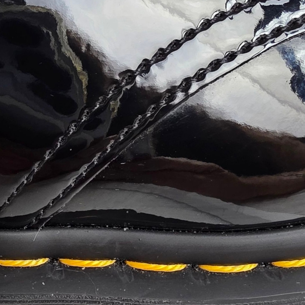 Dr. Martens Black Patent Leather 3-Eye Shoe with Yellow Stitching - Picture 8 of 12